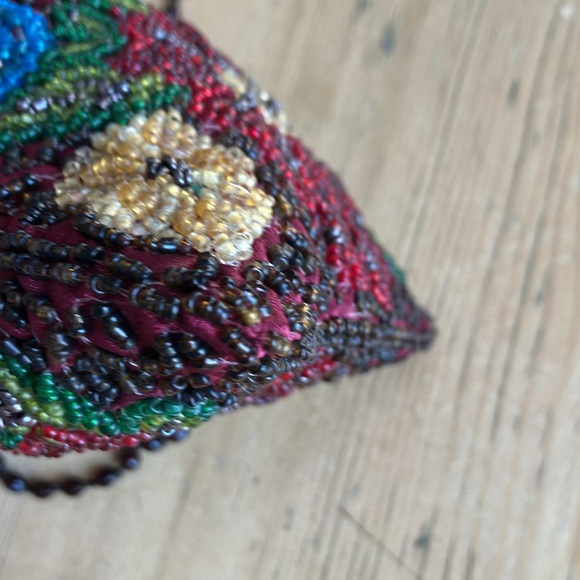 2/$30 Moyna 5”x4” Mini Beaded Bag Garnet Blue Emerald Champagne Floral Motif - Picture 9 of 12